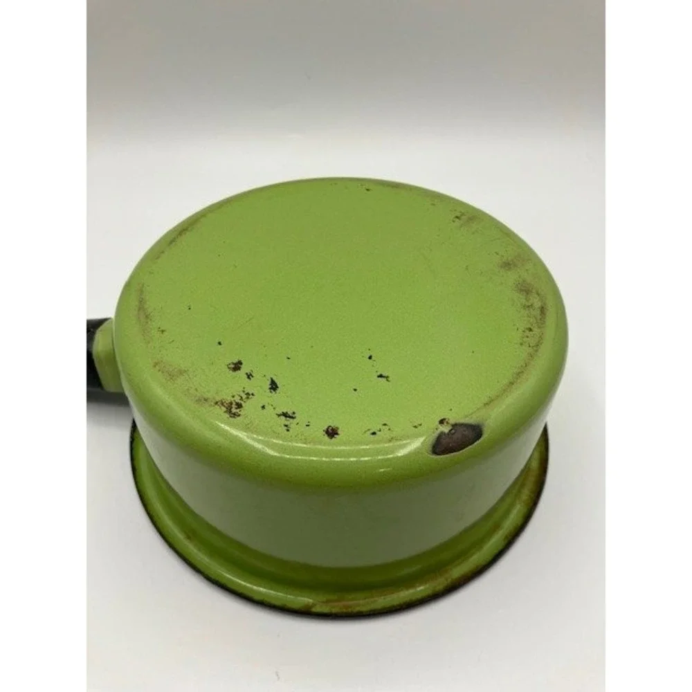 Vintage‎ Saucepan Enamelware Green/White Mid Century Modern Kitchen Decor 3 cup